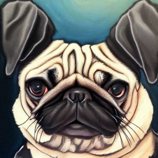 Image similar to a pug with black emo anime hair, intricate, masterpiece, stunning, oil painting