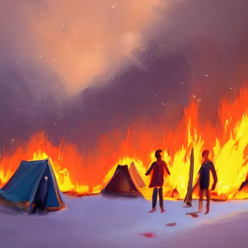 Image similar to a camp with tents on fire, burning down, shadows of 3 girls watching the camp burn, snow, dusk, painted by Sylvain Sarrailh, trending on Artstation