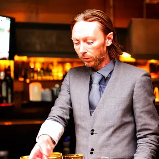 Prompt: Thom Yorke serving drinks at restaurant as a waiter in suit