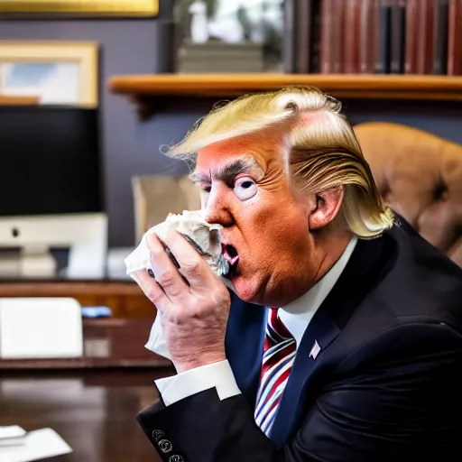 Image similar to candid portrait photo of president trump at his desk eating crumpled up papers shoving them in his mouth, detailed portrait, 4 k, megapixel, sony a 7 s, f / 8, 2 4 mm lens