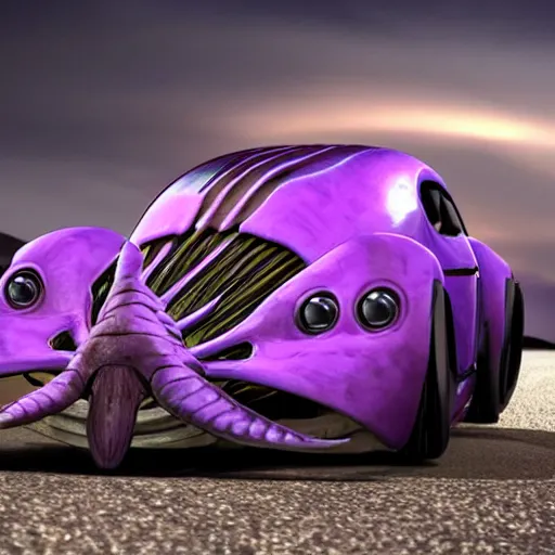 Prompt: a purple sports car shaped like a trilobite, ribs, scales, plates, octane engine, hd