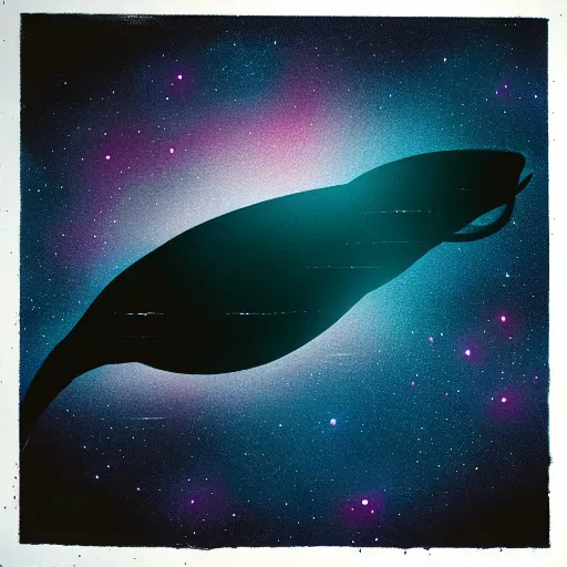 Image similar to portrait of space whale swimming on a dark night sky in space, flying across the universe, oniric, dreamy, beautiful, highly detailed, realistic, cinematic, dynamic composition