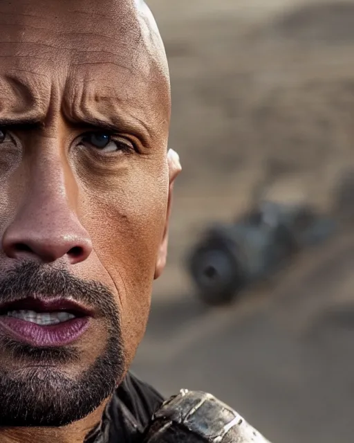 Image similar to film still close up shot of dwayne johnson as max rockatansky in the movie mad max. photographic, photography