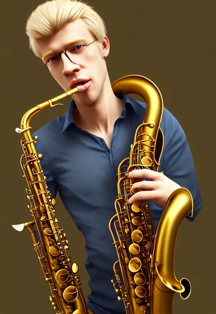 Image similar to a highly detailed portrait of a blond man with nice cloths playing the sax, on a nice calm serene environment, artstation, DeviantArt, professional, octane render