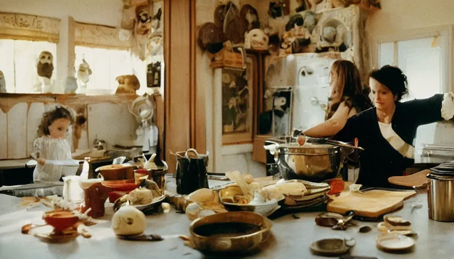 Prompt: 1990s candid 35mm photo of a beautiful day in the family kitchen , cinematic lighting, cinematic look, golden hour, mom is witch and cooking a potion in a cauldron, witches broom, smoky potion brewing in the kitchen, skulls and bats, UHD