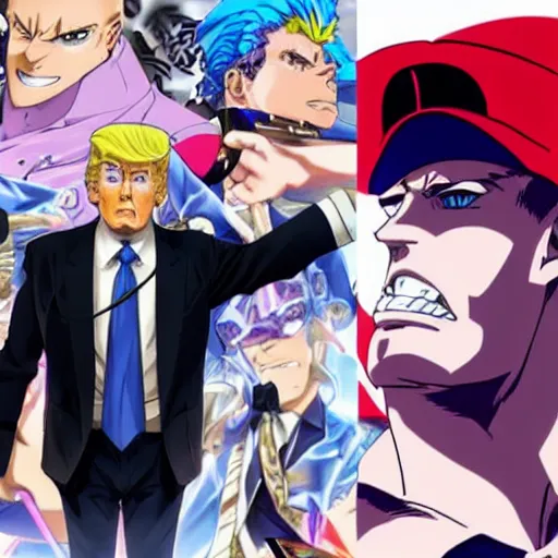 Prompt: trump as a jojo character, anime key visual, jojo the bizarre adventure, hirohiko araki, wlop