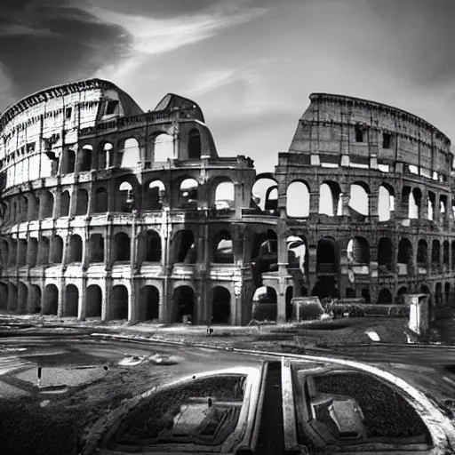 Image similar to rome in 2 3 0 0, futuristic, cinematic, black and white