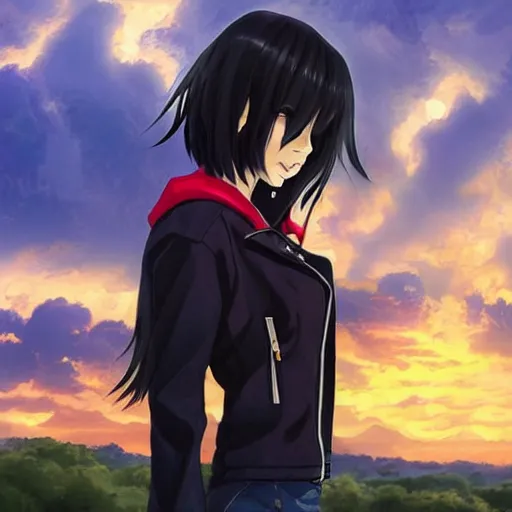 Image similar to black - haired anime girl, 1 7 - year - old anime girl with long bob cut, gothic jacket, golden hour, partly cloudy sky, red clouds, orange sky, strong lighting, strong shadows, vivid hues, ultra - realistic, sharp details, subsurface scattering, intricate details, art by artgerm, greg rutkowski, 2 0 1 9 anime screenshot