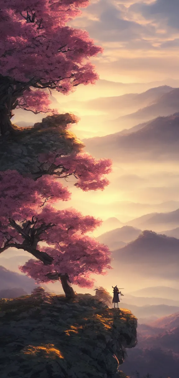 Image similar to samurai resting on a mountain top, cool dawn sky, sakura tree by sylvain sarrailh, rossdraws, ambient light, ultra detailed, fantasy artwork, 8 k, volumetric lighting, trending on artstation, award winning, very beautiful.