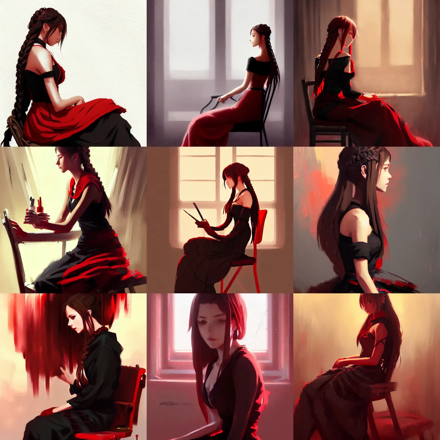 Prompt: beautiful woman with braided brown hair, wearing an elegant dress, sitting in a chair, painting, red and black color palette, in the style of greg rutkowski, high quality anime artstyle, painting