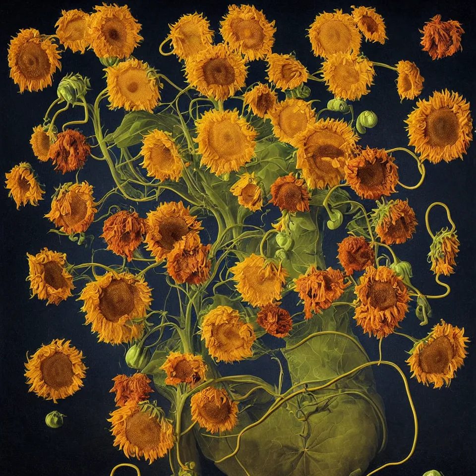 Prompt: dutch golden age bizarre sunflower portrait made from flower floral still life with many blue eyes very detailed nasturtium vines and snakes disturbing fractal forms sprouting up everywhere by rachel ruysch black background chiaroscuro dramatic lighting perfect composition high definition 8 k oil painting with black background by christian rex van dali todd schorr of a chiaroscuro portrait recursive masterpiece