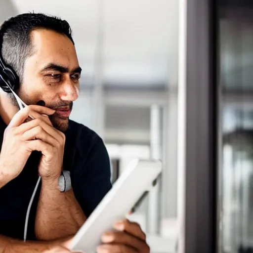 Prompt: “a man talking on the phone to Qantas customer support”