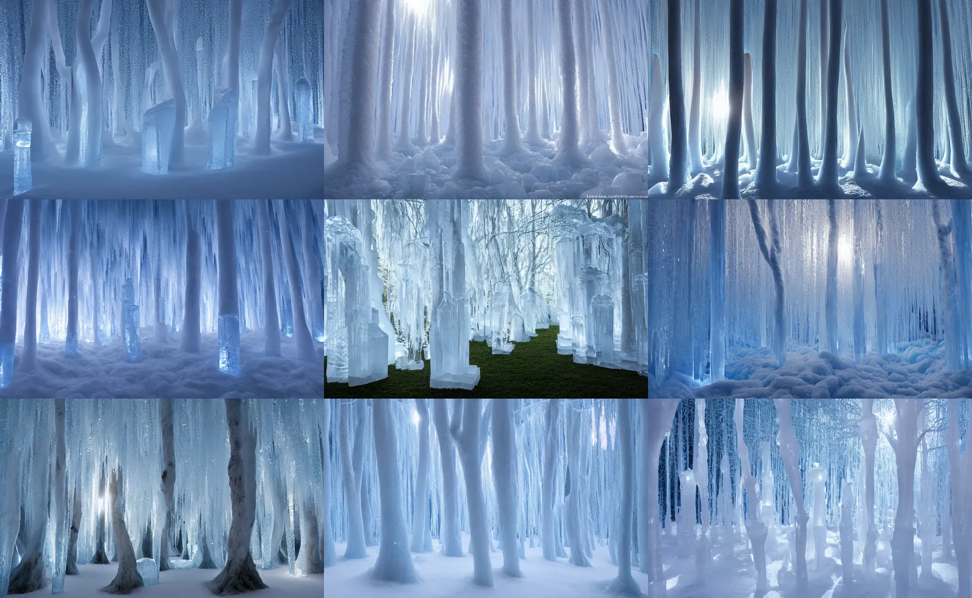 Prompt: light shining through a beautiful delicate ice sculpture tree forest, trees made out of ice, artwork by gerald brom, 4 k, masterpiece