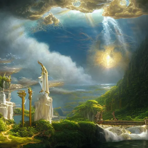 Image similar to realistic detailed view of heaven by terance james bond, russell chatham, greg olsen, thomas cole, james e reynolds, photorealistic, fairytale, art nouveau, white light, gold color, illustration, concept design, storybook layout, story board format