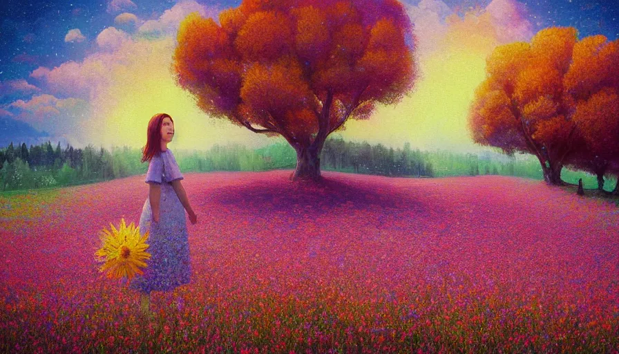 Prompt: girl with an blooming flower face, surreal photography, dream, standing in flower field, hills, big trees, sunrise dramatic light, impressionist painting, colorful clouds, digital painting, pointillism, artstation, simon stalenhag