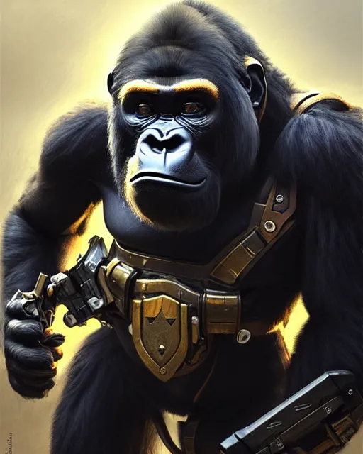 Image similar to winston the gorilla with a armor helmet on from overwatch, character portrait, portrait, close up, concept art, intricate details, highly detailed by greg rutkowski, michael whelan and gustave dore