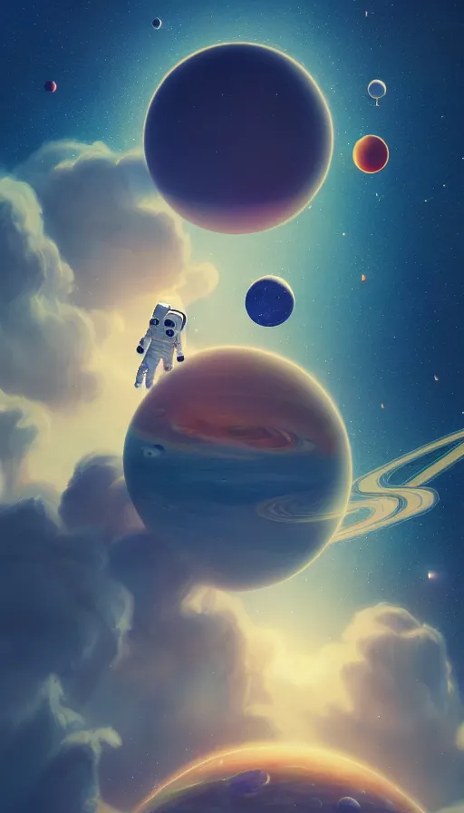 Image similar to a beautiful universe composition, astronaut floating, planets, sky, dream, highly detailed, digital painting, refreshing, trending on artstation, octane render, illustration by james jean