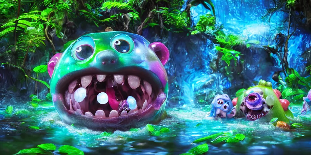 Prompt: of an intricate rainforest crystal rocky lake with strange cute goofy creatures with huge eyes, long tongue, square teeth and funny face appearing from the water, in the style of jeff koons, macro lens, shallow depth of field, highly detailed, digital painting, trending artstation, concept art, illustration, cinematic lighting, vibrant colors, photorealism, epic, octane render