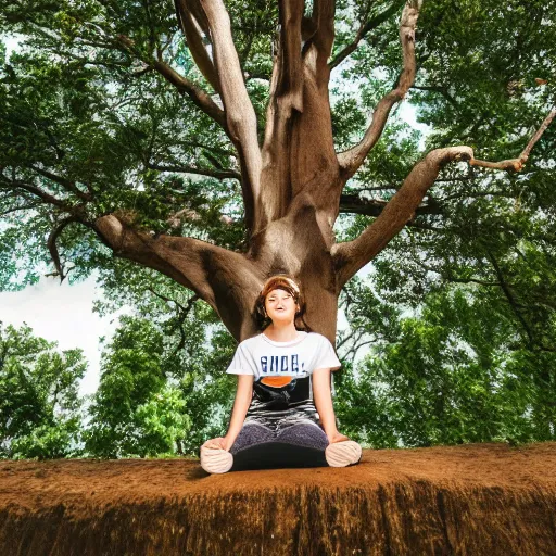 Prompt: a tree sitting in a girl wearing a tshirt