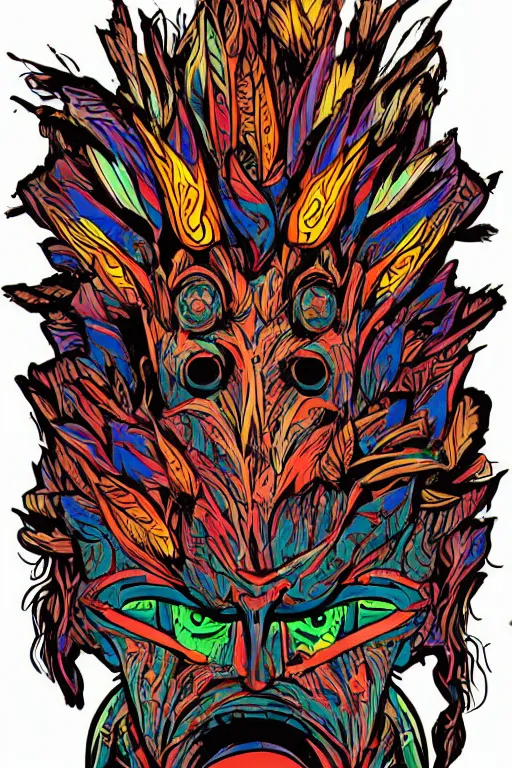 Image similar to animal mask totem roots flower tribal feather gemstone plant wood rock shaman vodoo video game vector cutout illustration vivid multicolor borderlands comics by josan gonzales and dan mumford radiating a glowing aura