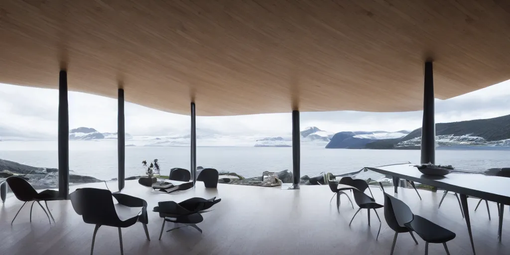 Prompt: modern norwegian fjord beach house designed by zaha hadid, contemporary architecture, photography