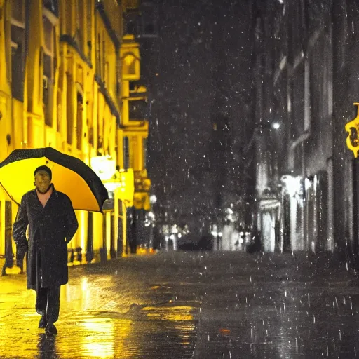 Image similar to A dramatic portrait of a man wearing yellow rain coat , holding red umbrella , walking in a black and white street . Cinematic lighting