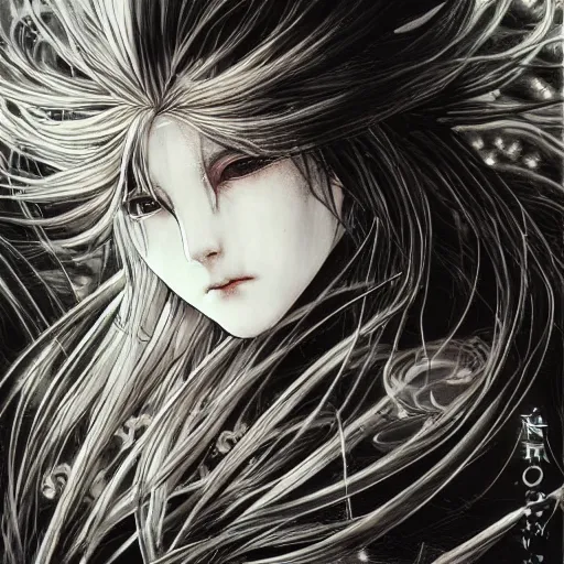 Image similar to yoshitaka amano blurred and dreamy illustration of an anime girl with black eyes, wavy white hair fluttering in the wind wearing elden ring armor and engraving, abstract black and white patterns on the background, noisy film grain effect, highly detailed, renaissance oil painting, weird portrait angle, blurred lost edges, three quarter view