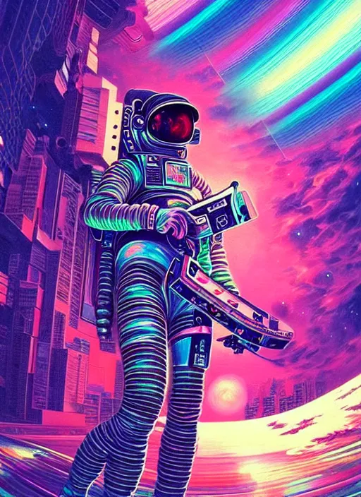 Prompt: hyper detailed ultra sharp painting of a vaporwave cyberpunk astronaut guitar musician. trending on artstation, warpaint aesthetic, earthwave, colorful, psychedelic, ornate, intricate, digital painting, concept art, smooth, sharp focus, full body, floating in space in front of saturn illustration, art by artgerm and darius zawadzki and alphonse mucha, 8 k