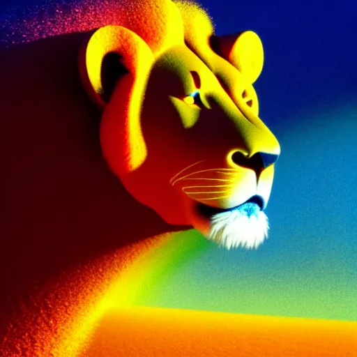 Image similar to lion made of rainbow sand, volumetric light, cinematic, extremely detailed, cgi, trending on artstation, hyper realistic, hd wallpaper, sharp, michael whelan, ted nasmith