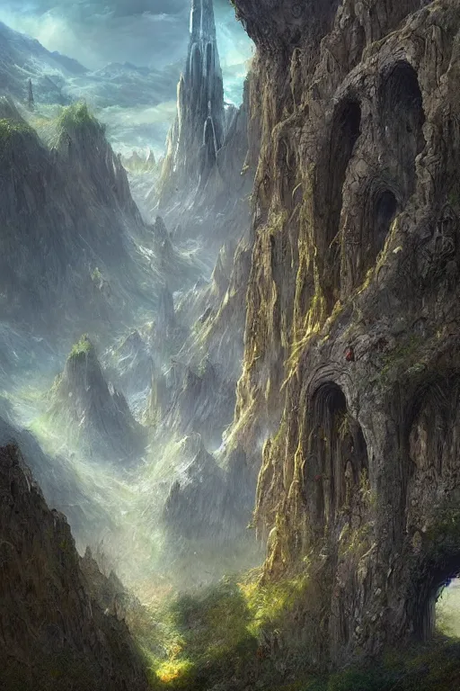 Prompt: amazing concept painting, by Jessica Rossier and HR giger and Beksinski, Rivendell, elvish and greek fortress overlooking a valley, terraces, hallucination, garden of eden