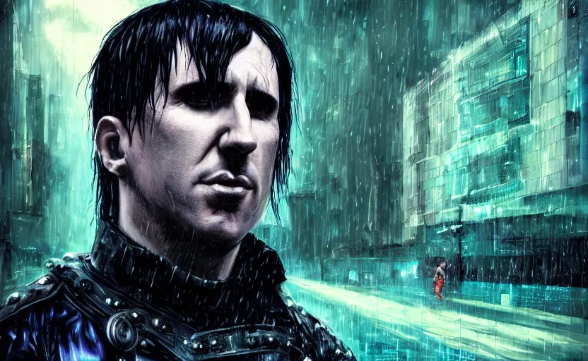 Image similar to an epic fantasy comic book style portrait painting of a very imposing cybergoth trent reznor in the rain, wet hair, neon reflections, character design by mark ryden and pixar and hayao miyazaki, unreal 5, daz, hyperrealistic, octane render, cosplay, rpg portrait, dynamic lighting, intricate detail, cinematic