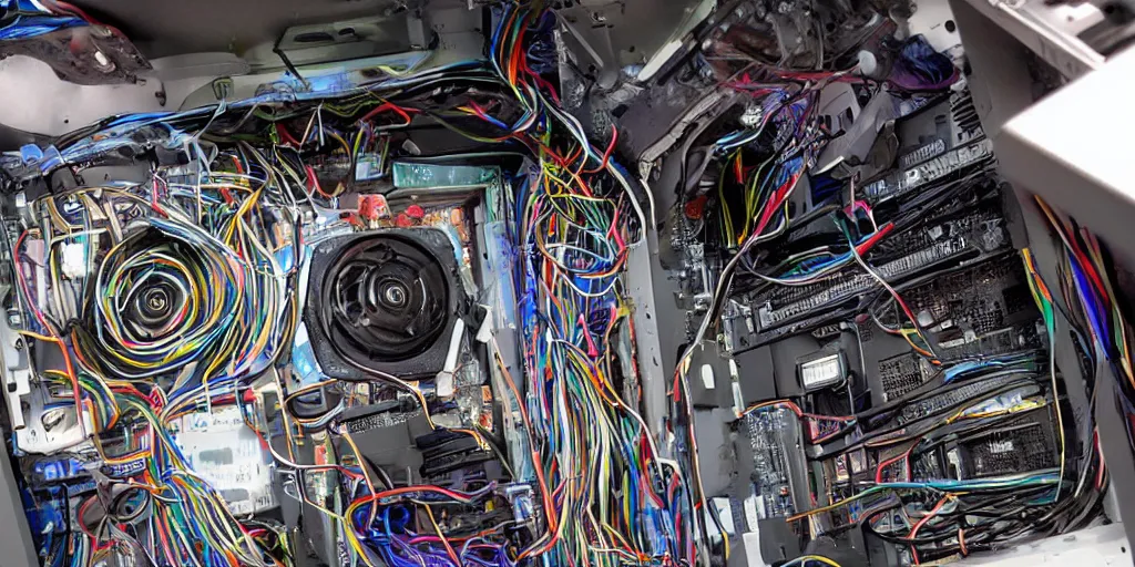 Prompt: the inside of a computer inhabited by gnomes