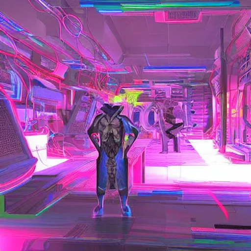Prompt: you see a technomagical laboratory cluttered with computers and arcane components. in the middle of the room a technomancer wizard in robes whispers to his synthesized ai djinn. behind them is a large supercomputer. the room is lit with dayglow pink and blue dazzle camouflage patterns.