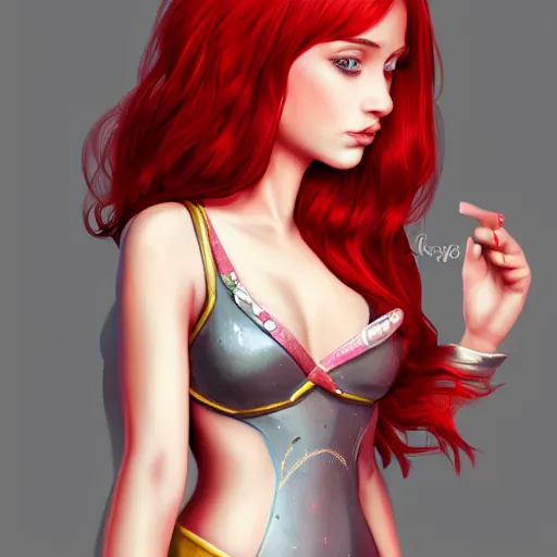 Prompt: a woman wearing a princess outfit, full body shot, red hair, highly detailed, digital painting, artstation, concept art, smooth, sharp focus, illustration