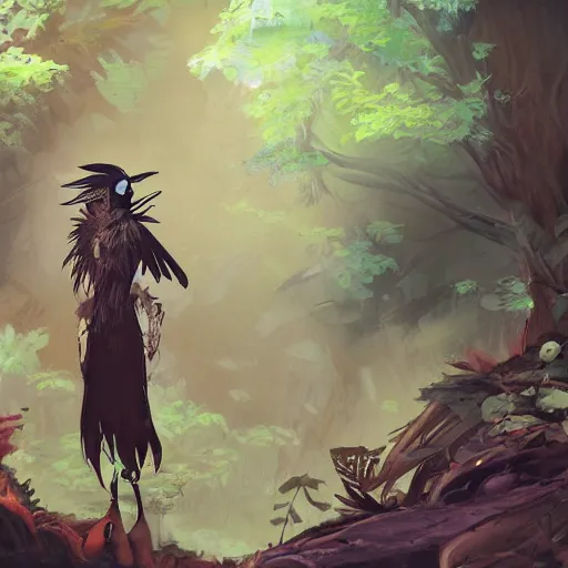 Image similar to concept art painting of an anthropomorphic crow person with steampunk clothes, in the deep forest, realistic, detailed, cel shaded, in the style of makoto shinkai and greg rutkowski and james gurney