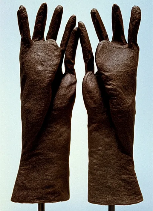 Image similar to realistic photo of a scientific model of an ugly rough complex gloves made of black clay, front view, neutral brown colors 1 9 9 0, life magazine reportage photo, metropolitan museum photo