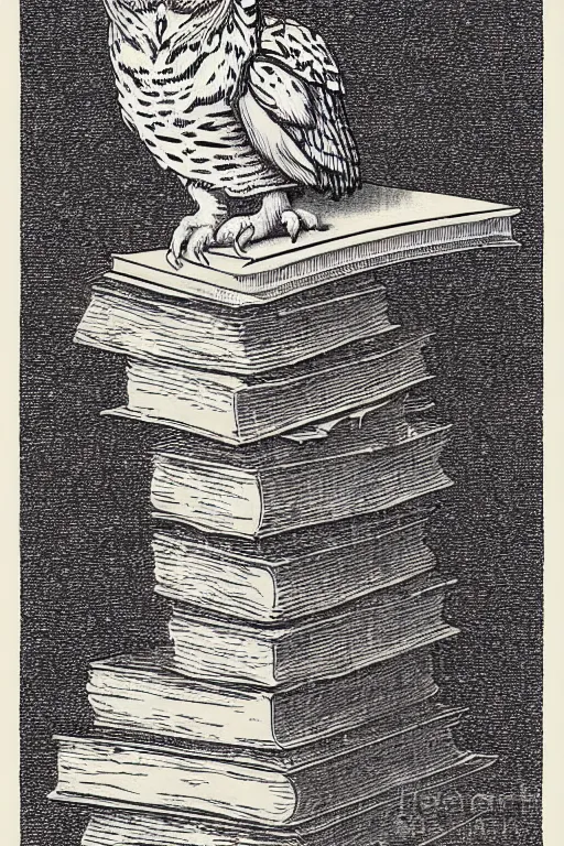 Image similar to owl perched on a stack of books, art by albrecht durer, woodblock print, black and white, vector, vector art