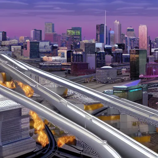 Prompt: a maglev train running high above the streets of downtown minneapolis featuring the IDS center and the US Bank stadium and the Mississippi River, render, photo, 4k, ultrarealistic, unreal maya