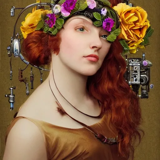 Image similar to portrait of a beautiful young cyborg woman with a big steampunk flower crown and part mechanical face , Pre-Raphaelite