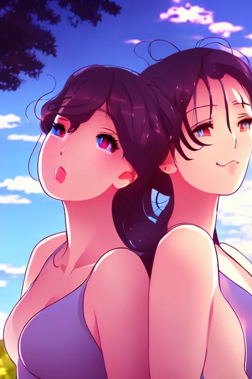 Image similar to two beautiful mothers outside on a hot summer evening, gorgeous faces, thick lines, cinematic lighting, detailed anime art