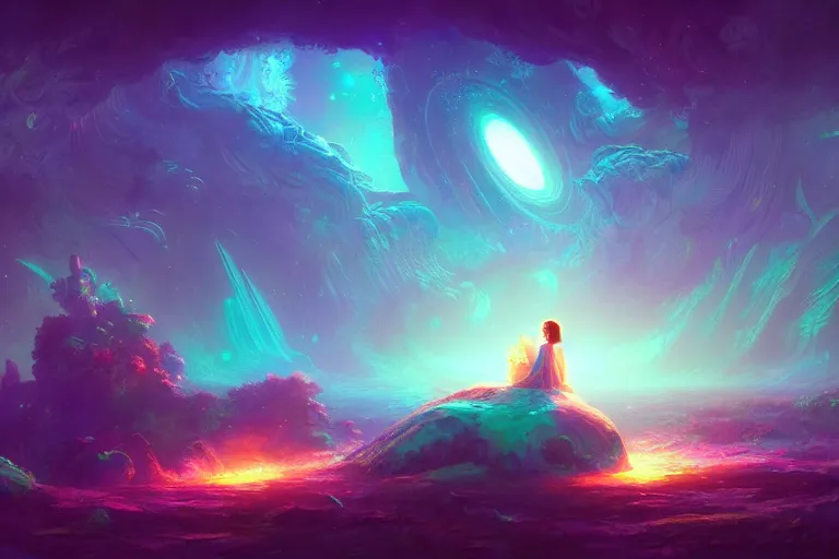 Prompt: a psychedelic realm at the edge of the known universe, astral beings sharing love!!!!, in the style of greg rutkowski! and wlop and lisa frank! and bob ross!!! and ruan jia, illustration, epic, fantasy, hyper detailed, smooth, unreal engine, sharp focus, ray tracing