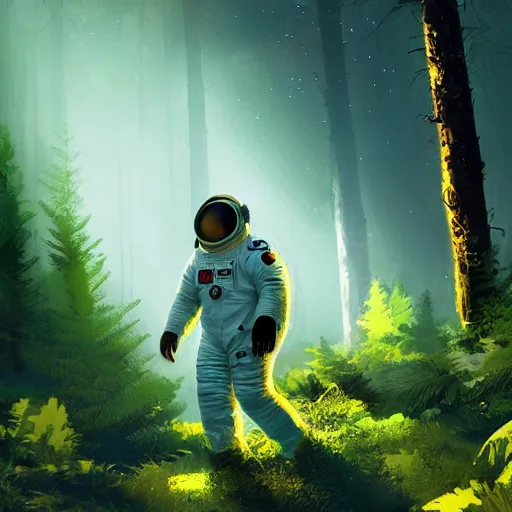 Image similar to american astronaut in the forest, plants environment, wide angle, cinematic lighting, atmospheric, realistic, octane render, highly detailed, in the style of craig mullins