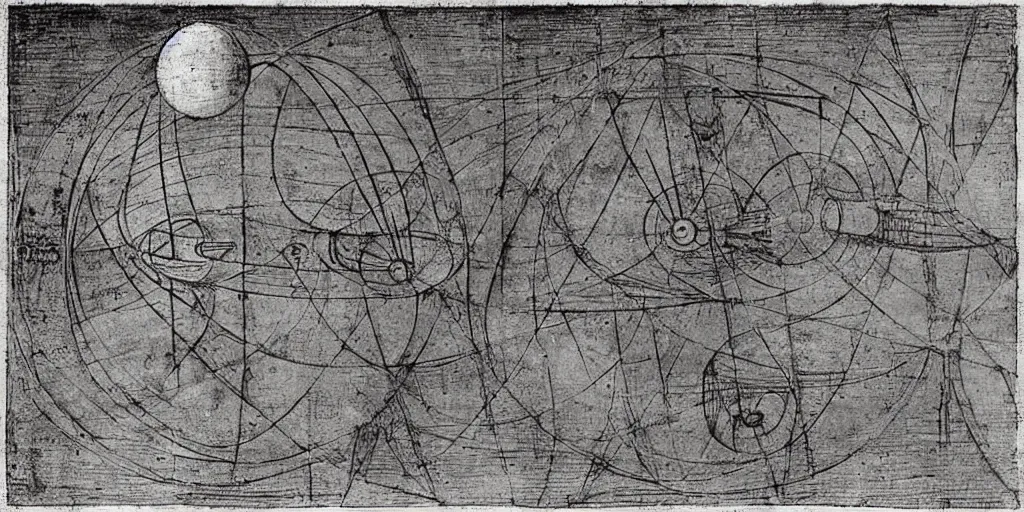 Prompt: a set of ancient diagrams describing the inner workings of an advanced alien propulsion system. by leonardo da vinci.