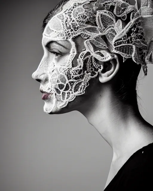 Image similar to a woman's face in profile, made of intricate decorative lace skeleton, in the style of the dutch masters and gregory crewdson, dark and moody