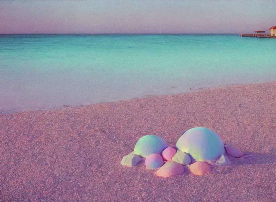 Image similar to a pastel coloured vintage family holiday photo of an empty beach from an alien dreamstate world with chalky pink iridescent!! sand, reflective lavender ocean water, dim bioluminescent plant life and an igloo shaped shiny plastic festival stage and transparent box speakers!!. glare. refraction, volumetric light.