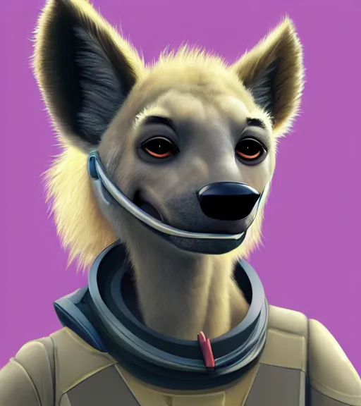 Image similar to digital detailed portrait of anthromorphic female hyena, in style of zootopia, fursona, furry, furaffinity, 4 k, deviantart, wearing astronaut outfit, in style of disney zootopia, floating in space, space background, in deep space, dark background, hyena fursona, cyberpunk, female, detailed face,