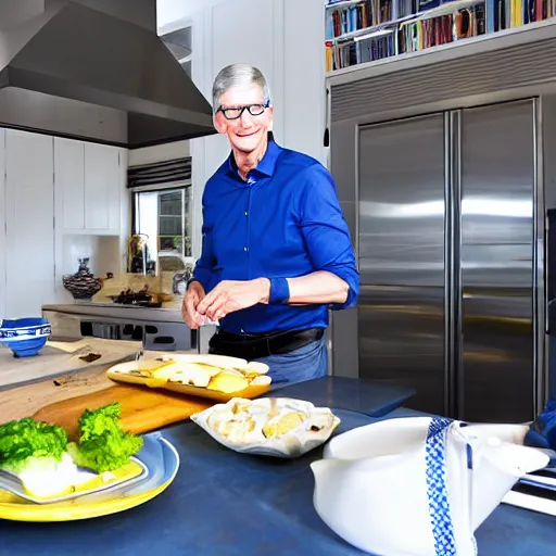 Image similar to Tim Cook cooking in a blue and yellow modern house