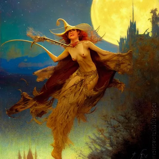 Prompt: witch flying, trough the night, fantasy, full moon in background. highly detailed painting by gaston bussiere, craig mullins, j. c. leyendecker 8 k
