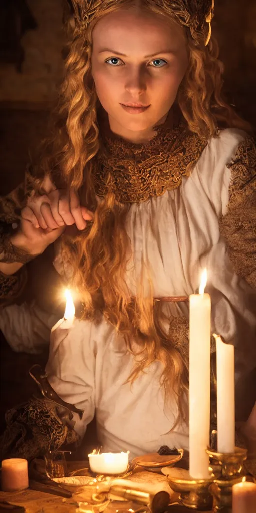 Image similar to young attractive beautiful scandinavian woman wearing 1 8 th century stay in a medieval tavern at night with candles, wow 4 k detail fantasy, matte painting, realistic materials, photo realistic, postprocessing, cinematic, hyperrealistic, studio lighting, ekaterina, the tudors, photography by richard jenkins