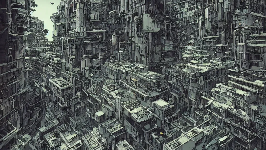 Image similar to very detailed, epic art nouveau graphic novel, ilya kuvshinov, mcbess, rutkowski, simon roy, illustration of space dystopian metropolis sky high decrepit habitat 6 7 arcologies, wide shot, cyberpunk colorful, deep shadows, astrophotography, hyperdetailed, cybernetics, cryengine, realistic shaded lighting, sharp focus